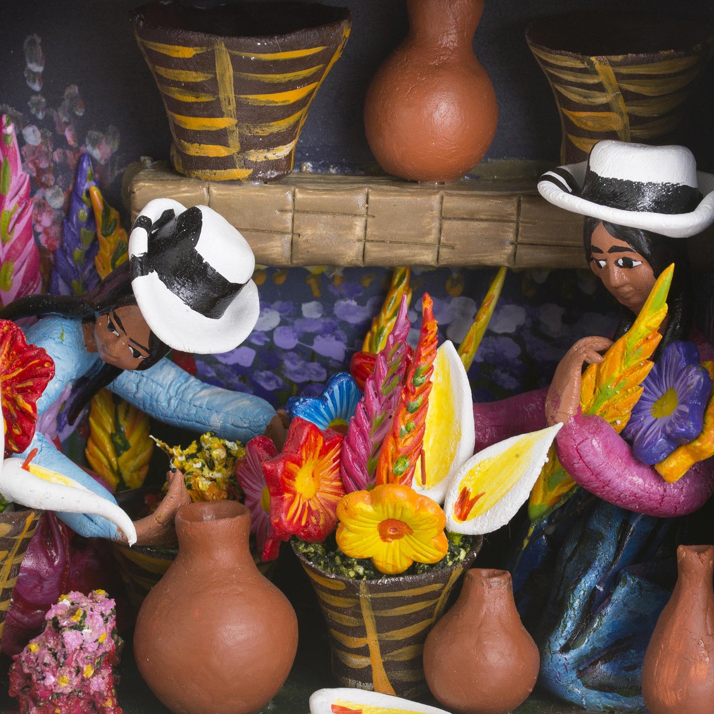 Flower Shop Floral Wood and Ceramic Retablo from Peru