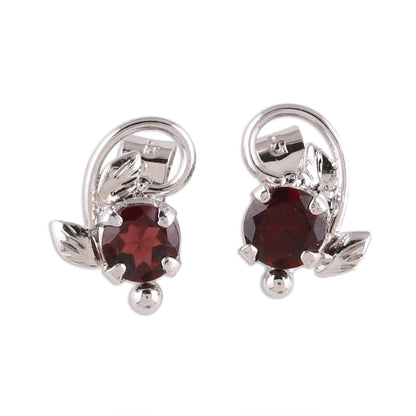 Blissful Radiance Leafy Rhodium Plated Garnet Stud Earrings from India