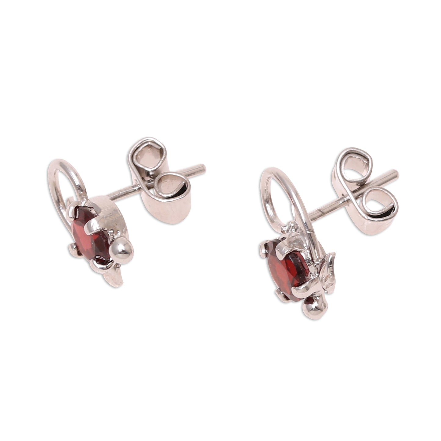 Blissful Radiance Leafy Rhodium Plated Garnet Stud Earrings from India