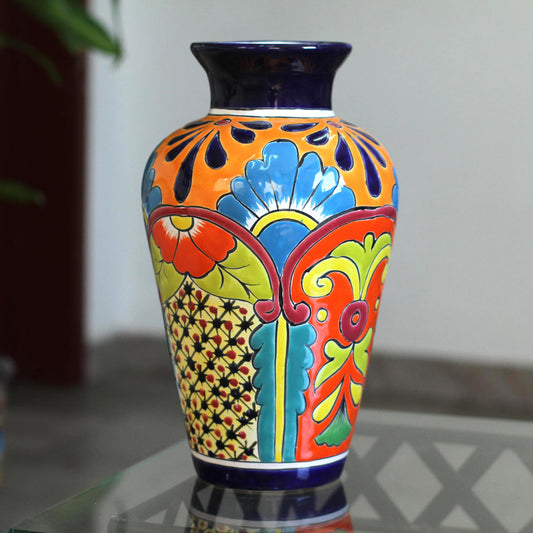 Floral Display Talavera-Style Ceramic Vase Crafted in Mexico