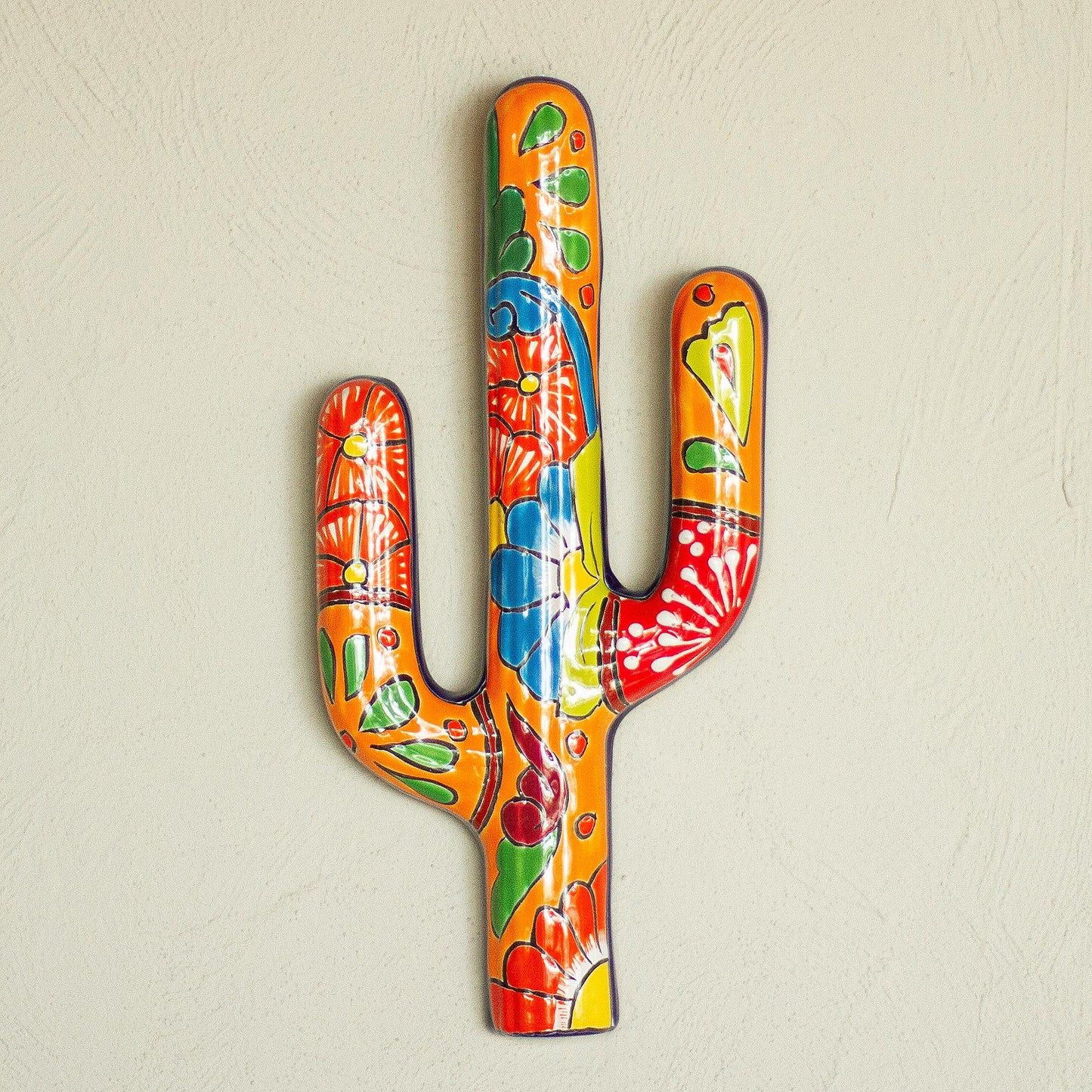 Talavera Saguaro Hand-Painted Cactus Talavera-Style Ceramic Wall Sculpture