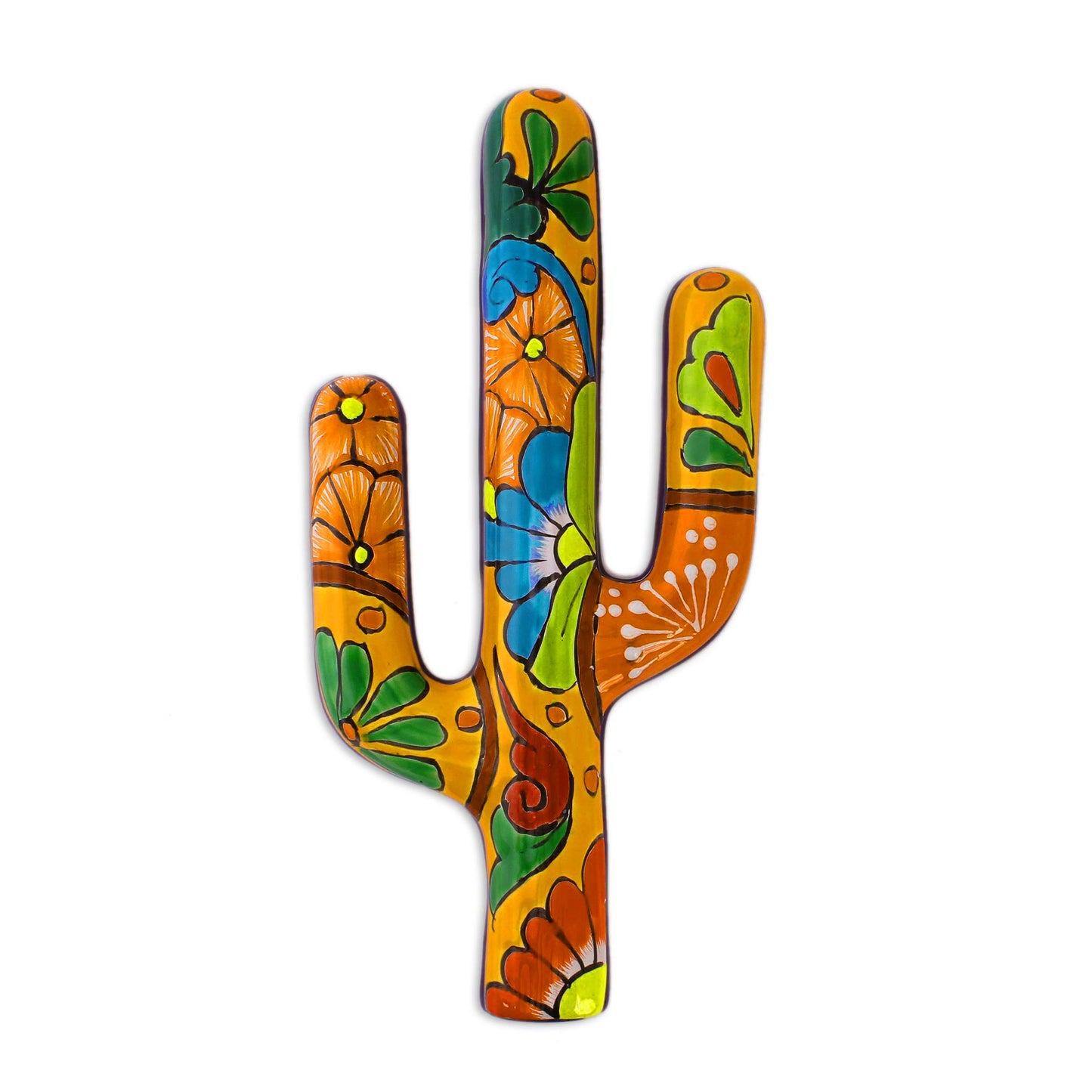 Talavera Saguaro Hand-Painted Cactus Talavera-Style Ceramic Wall Sculpture