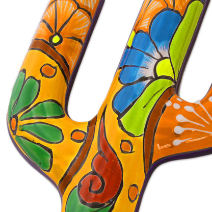 Talavera Saguaro Hand-Painted Cactus Talavera-Style Ceramic Wall Sculpture