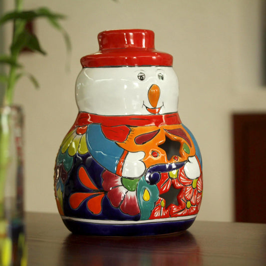 Snowman Glow Snowman Talavera Ceramic Candle Holder from Mexico