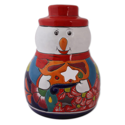 Snowman Glow Snowman Talavera Ceramic Candle Holder from Mexico