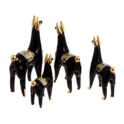 Black Llamas of the Andes Set of 4 Black Glass Llama Figurines with Gilded Accents