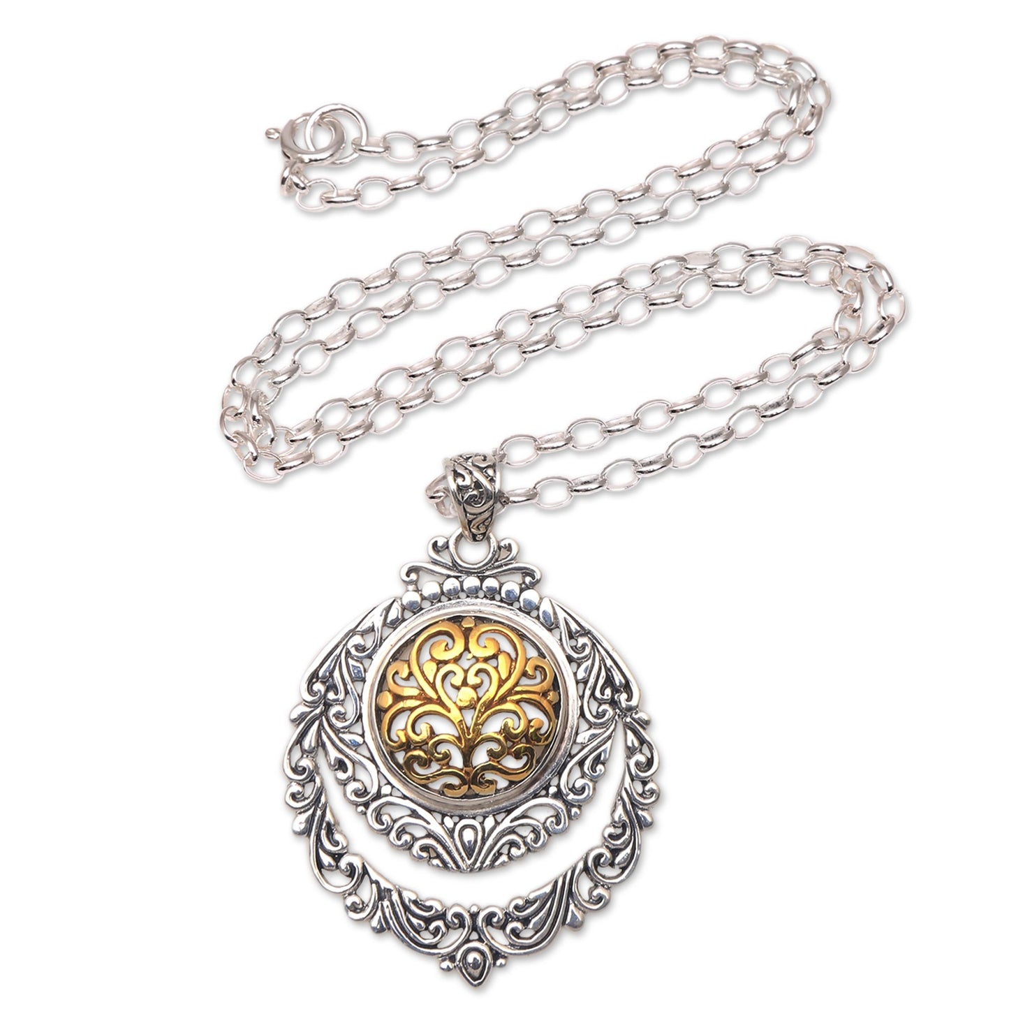 Jungle Roots Patterned Gold Accented Sterling Silver Pendant Necklace