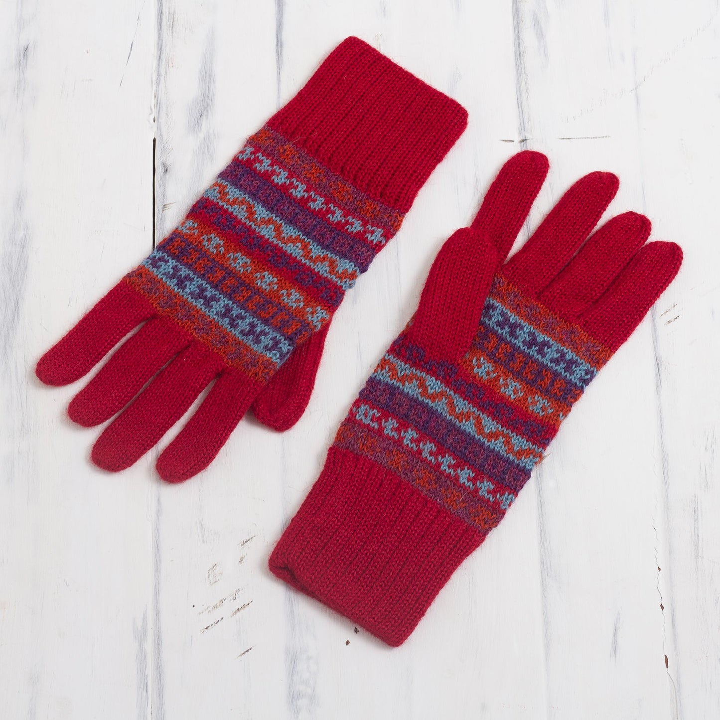 Andean Art Striped 100% Alpaca Knit Gloves from Peru