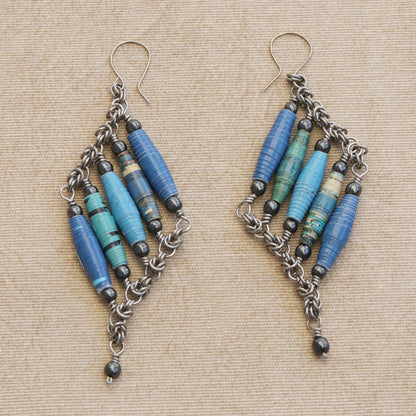 Tribal Links in Blue Recycled Paper and Hematite Dangle Earrings in Blue