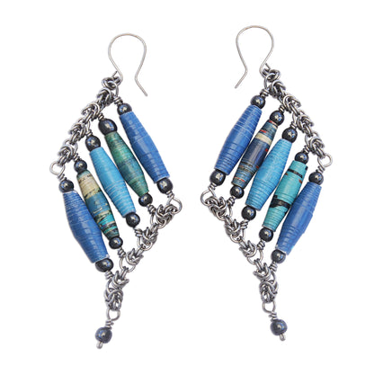 Tribal Links in Blue Recycled Paper and Hematite Dangle Earrings in Blue