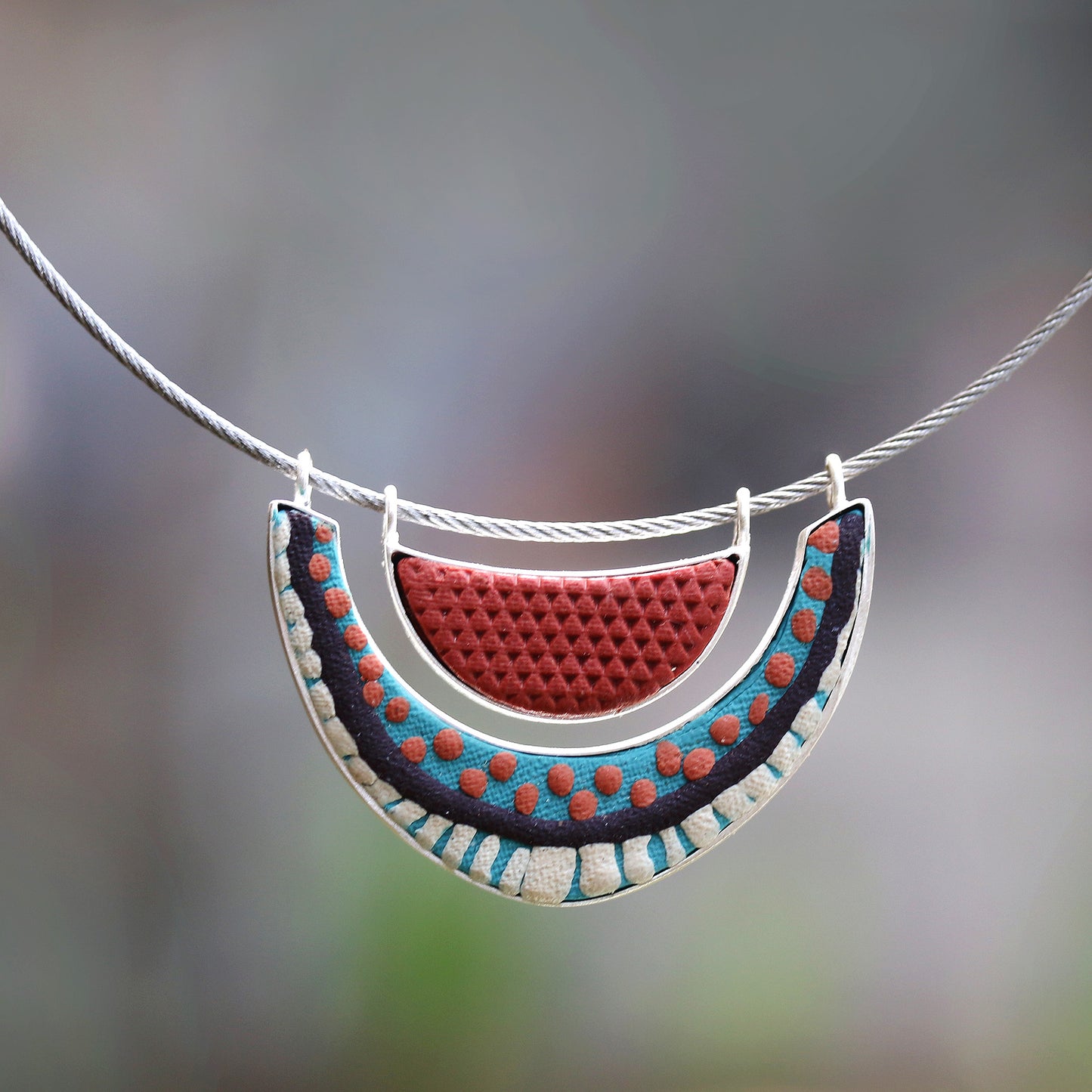 Summery Dots Sterling Silver and Polymer Clay Pendant Choker Necklace