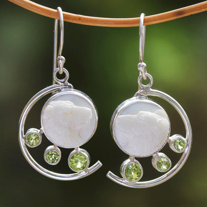 Wolf Prince Peridot and Bone Wolf Dangle Earrings from Java