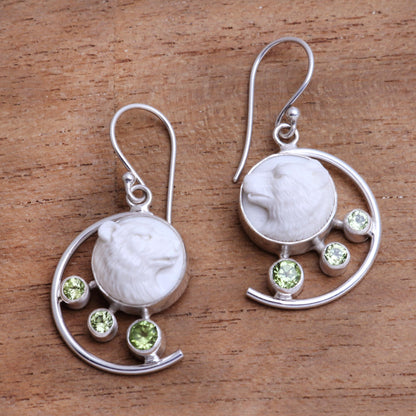 Wolf Prince Peridot and Bone Wolf Dangle Earrings from Java