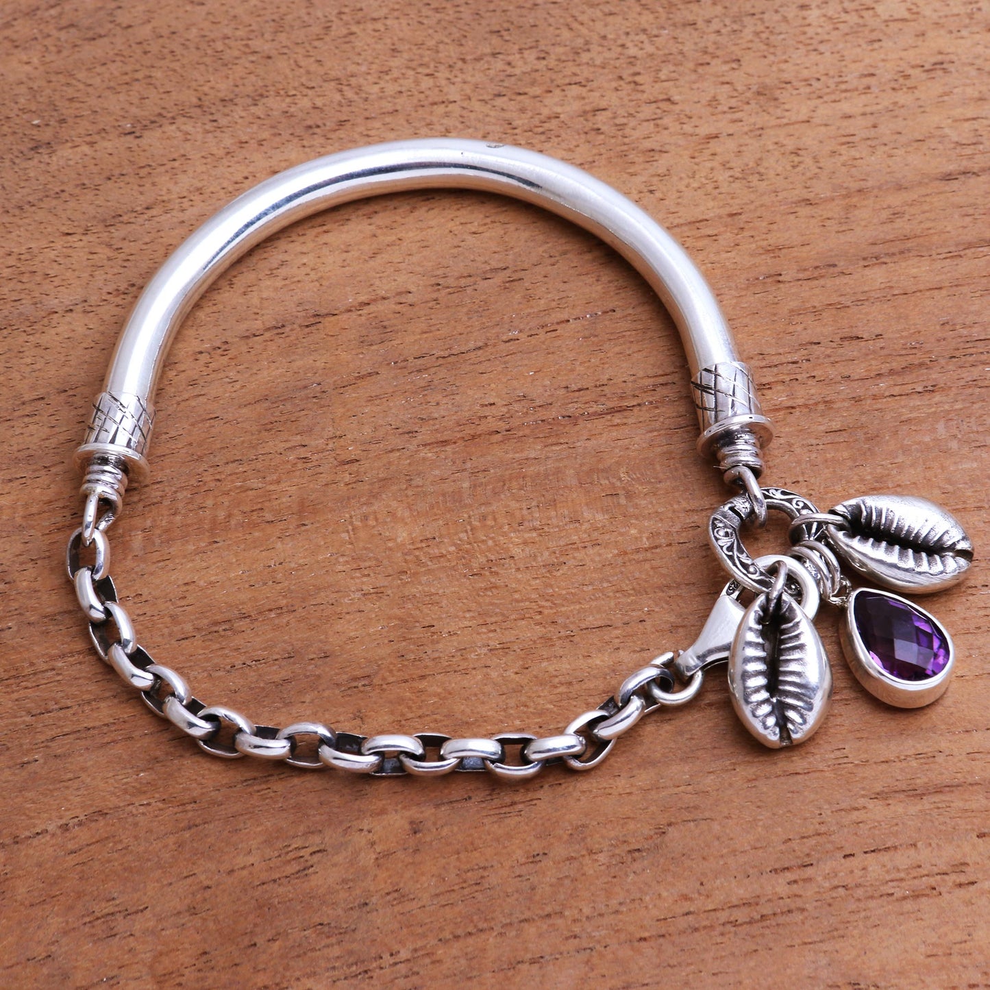 Glistening Shells Sterling Silver and Faceted Amethyst Bracelet from Java