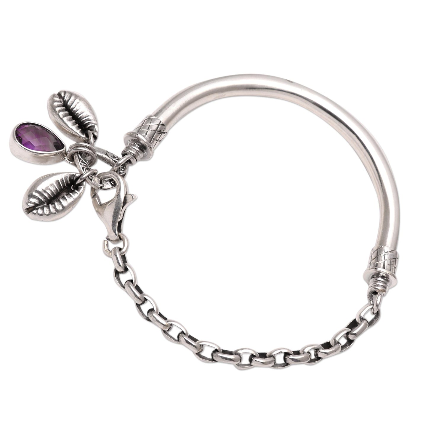 Glistening Shells Sterling Silver and Faceted Amethyst Bracelet from Java