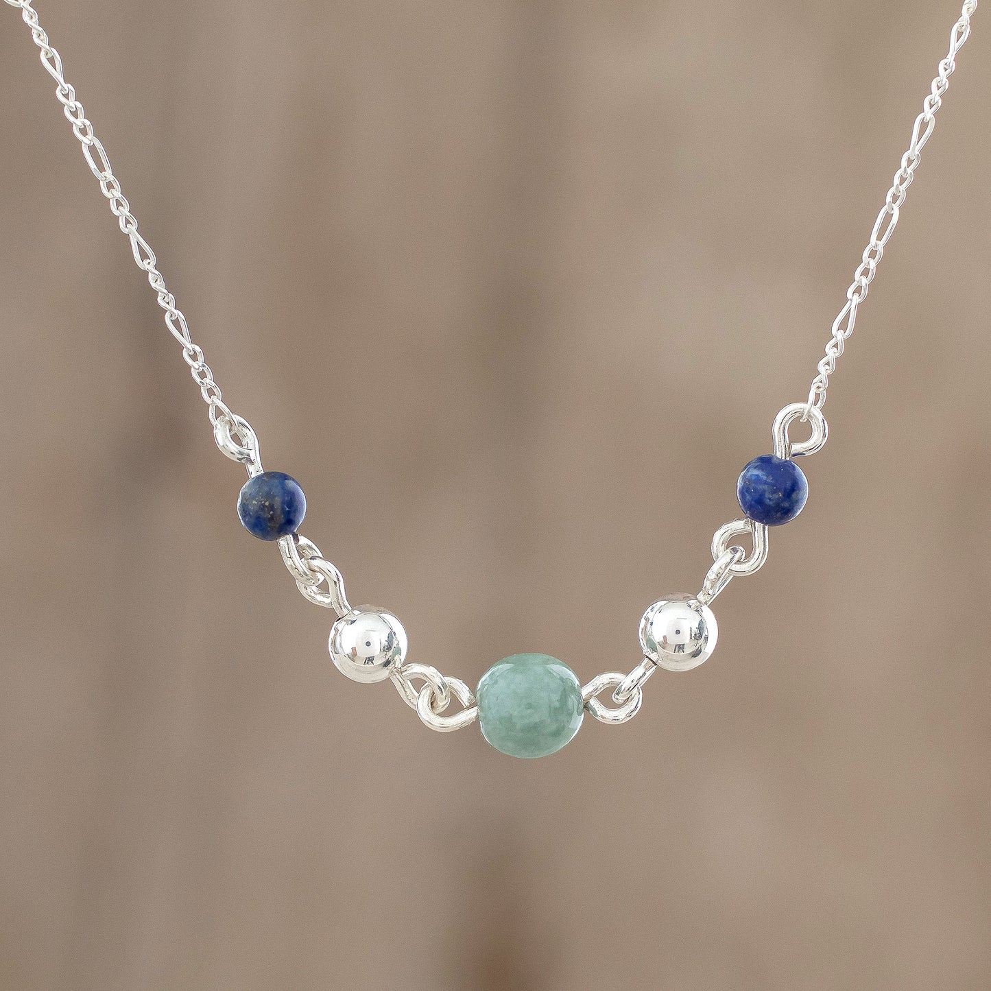 Subtle Combination Round Jade and Lapis Lazuli Pendant Necklace from Guatemala