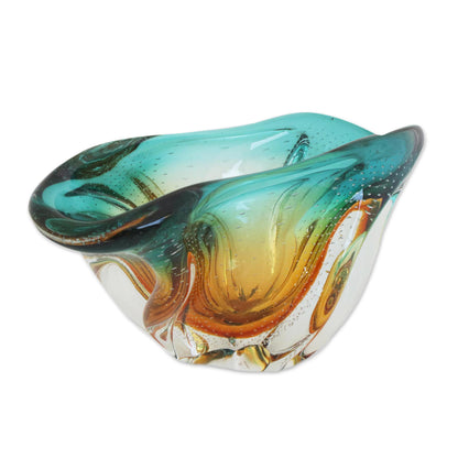 Fascinating Splash Art Glass Decorative Bowl in Amber and Blue from Brazil