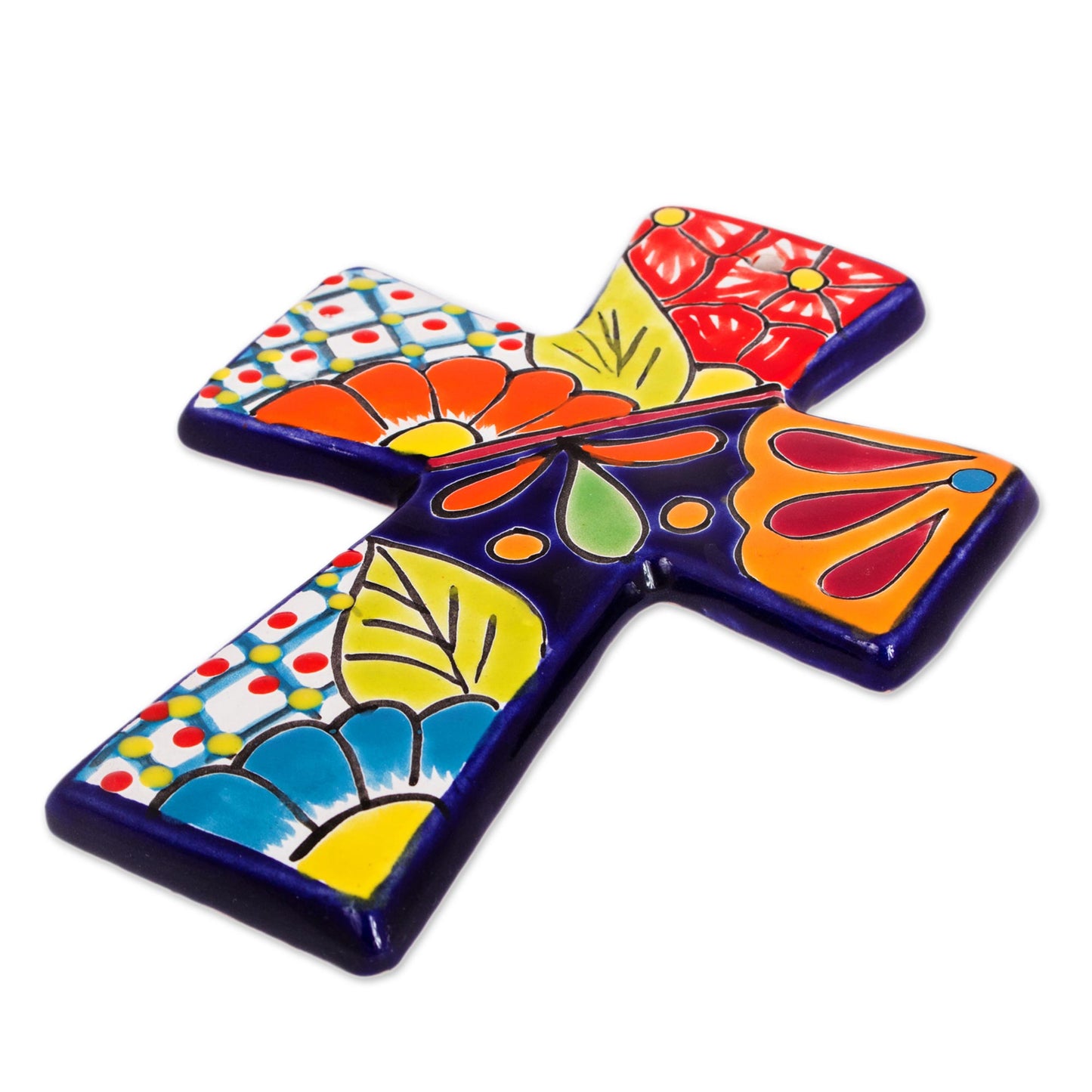 Spanish Faith Talavera-Style Ceramic Wall Cross from Mexico