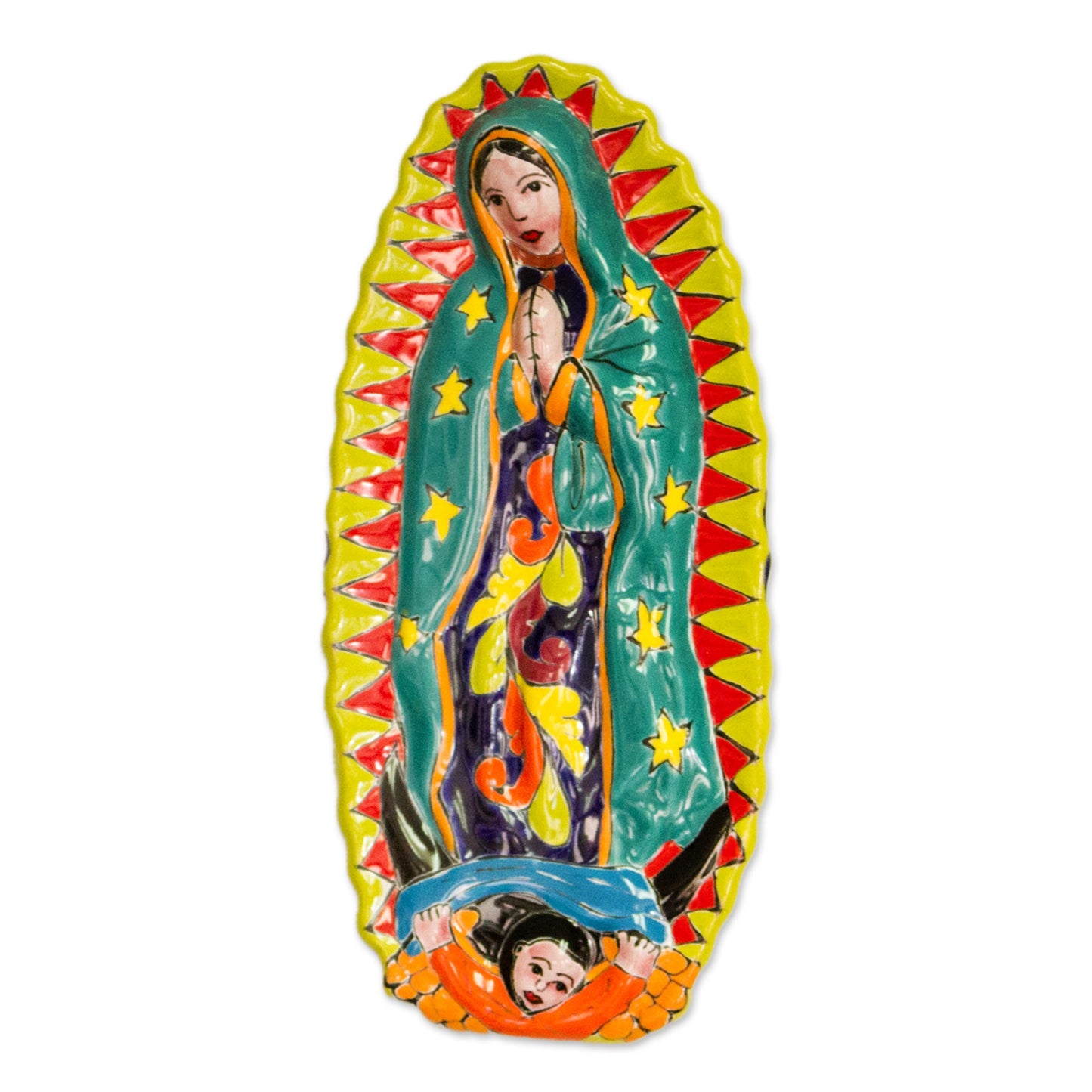 Talavera Guadalupe in Green Mother Mary Talavera-Style Ceramic Wall Sculpture