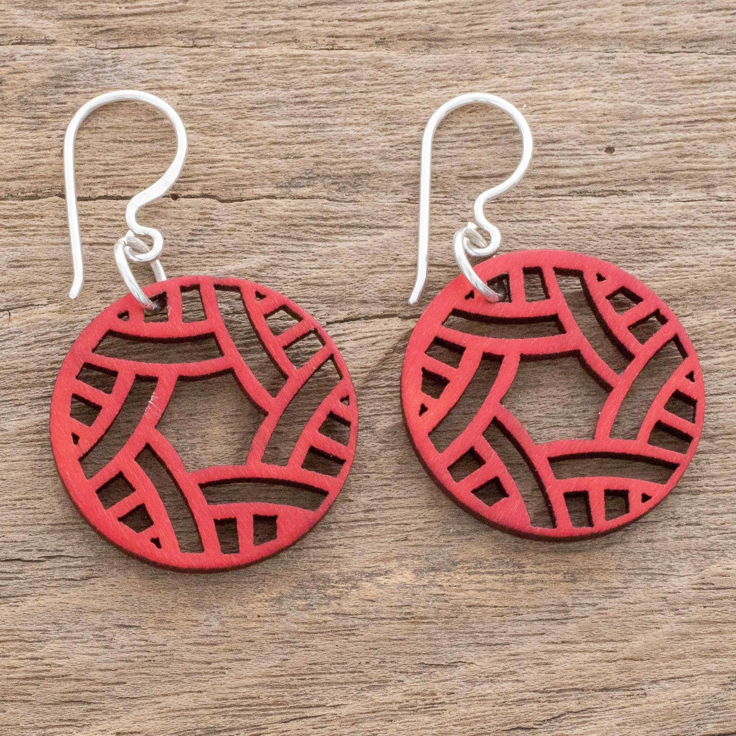 Circular Imagination Circular Recycled Wood Dangle Earrings in Red from Guatemala