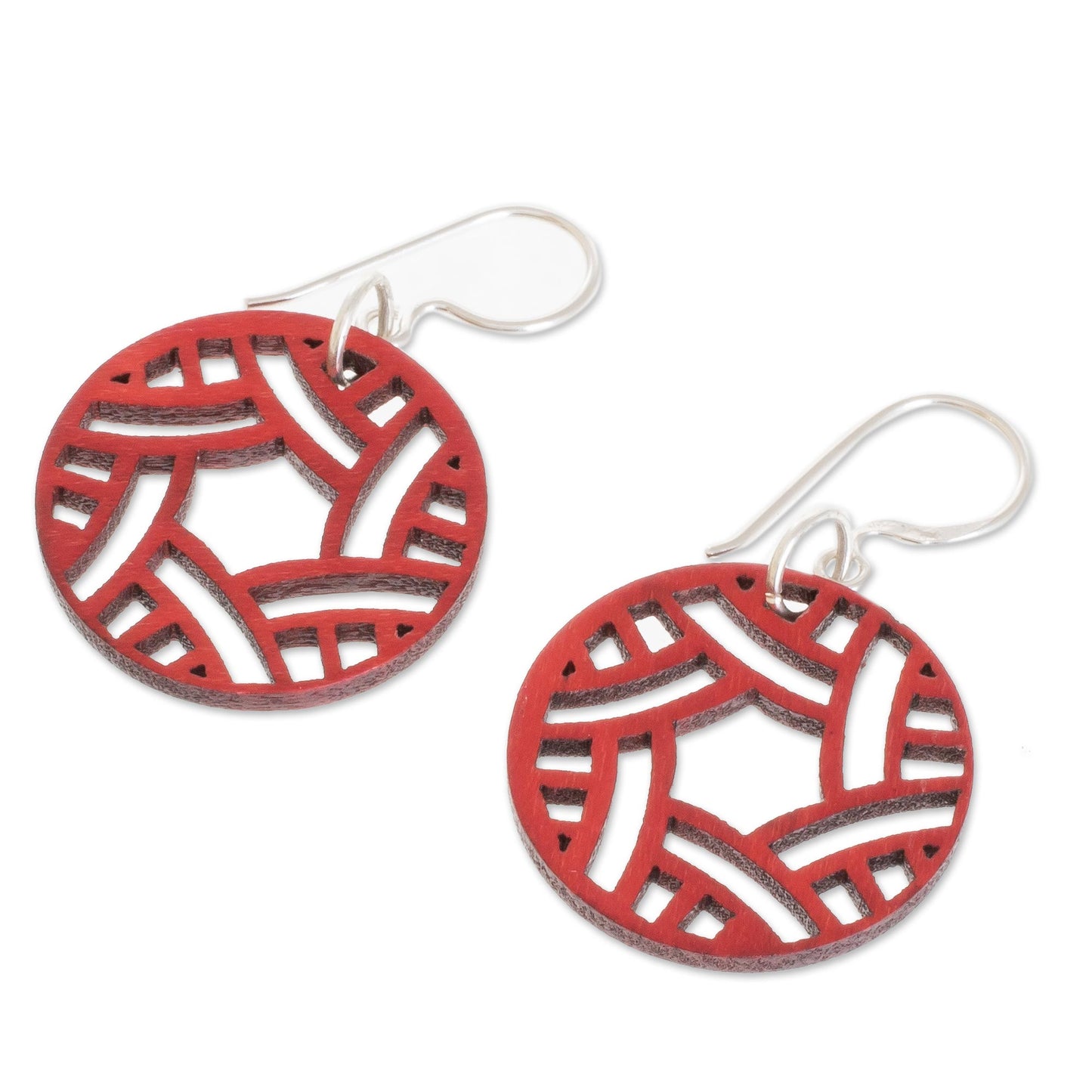 Circular Imagination Circular Recycled Wood Dangle Earrings in Red from Guatemala