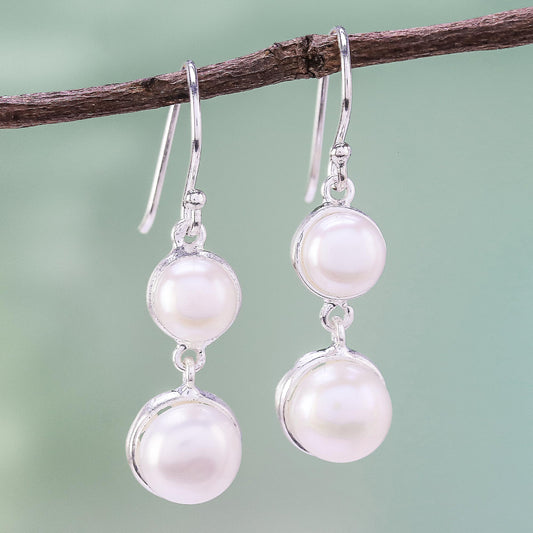 Double Moons Dangle Earrings with White Cultured Pearls from Thailand