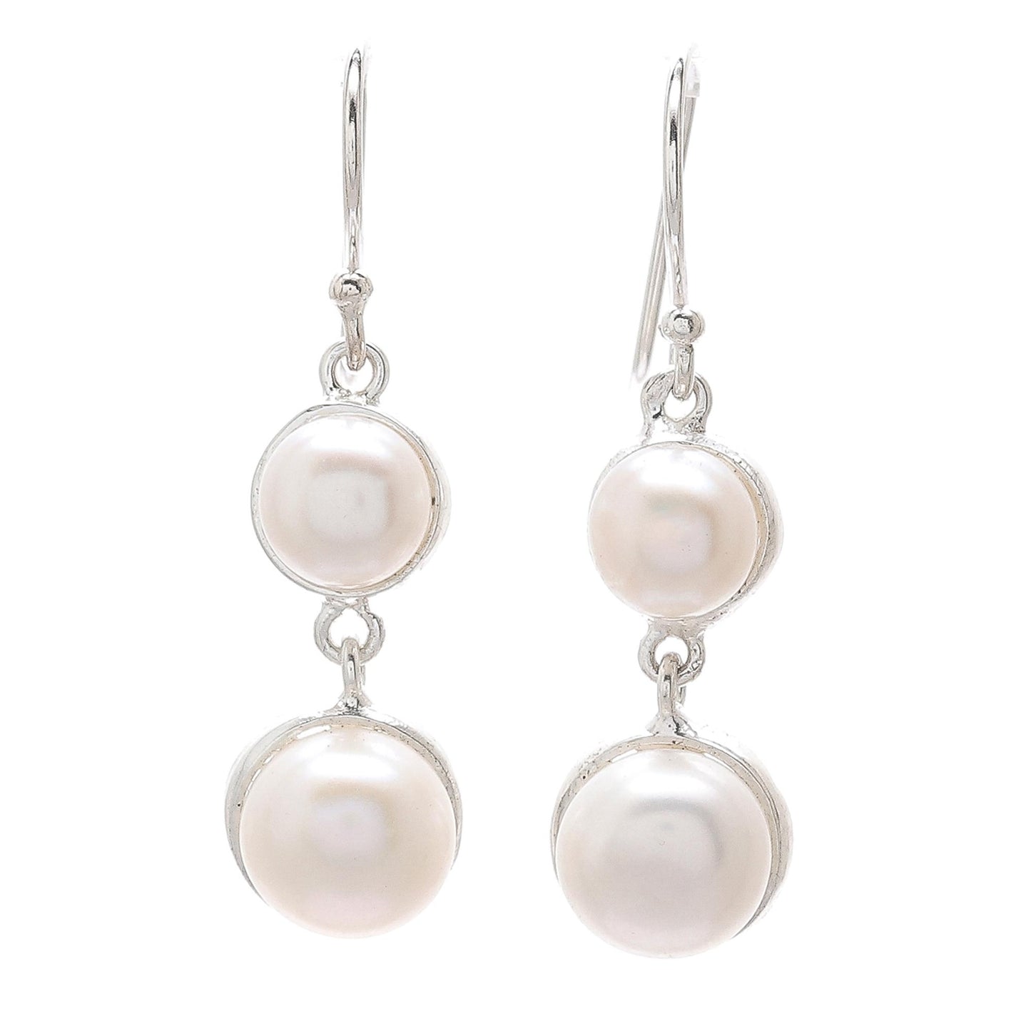 Double Moons Dangle Earrings with White Cultured Pearls from Thailand