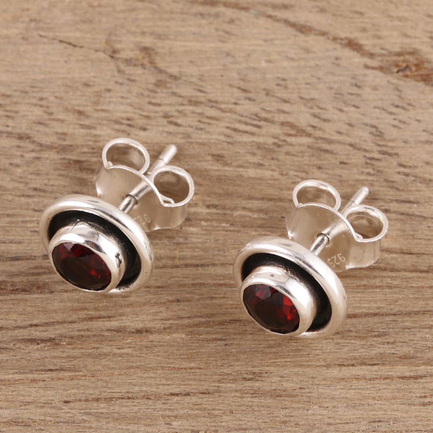 Framed Sparkle Circular Faceted Garnet Stud Earrings from India