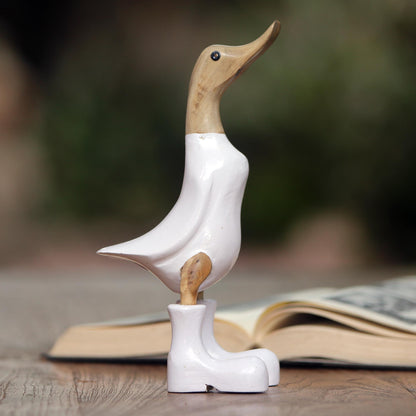 Rain Boot Duck in White Acacia Wood and Bamboo Root Duck Sculpture in White