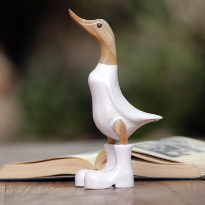 Rain Boot Duck in White Acacia Wood and Bamboo Root Duck Sculpture in White