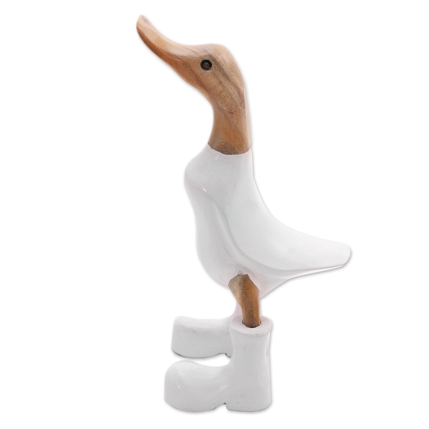 Rain Boot Duck in White Acacia Wood and Bamboo Root Duck Sculpture in White