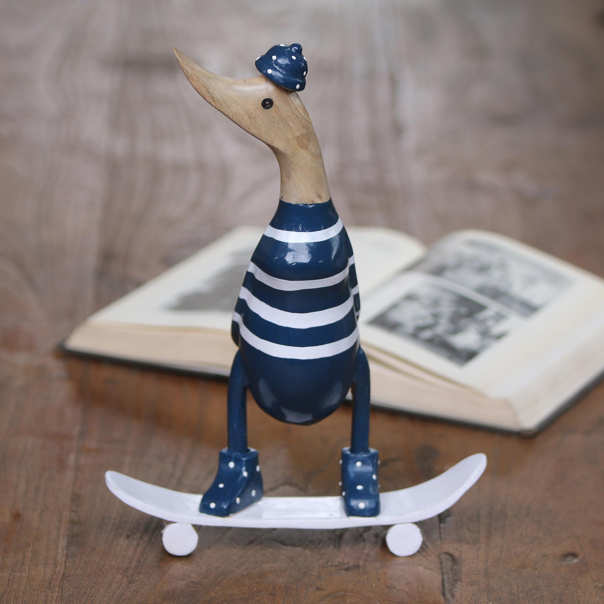 NOVICA Skateboard Duck Acacia Wood and Bamboo Root Skateboarder