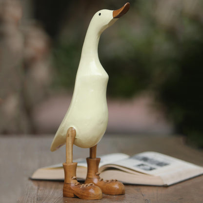 Vanilla Duck Acacia Wood and Bamboo Root Duck Sculpture in Vanilla