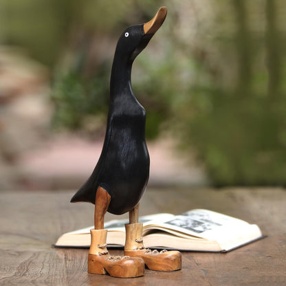 Stomping Duck in Black Black Acacia Wood and Bamboo Root Duck Sculpture from Bali