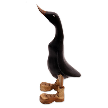 Stomping Duck in Black Black Acacia Wood and Bamboo Root Duck Sculpture from Bali