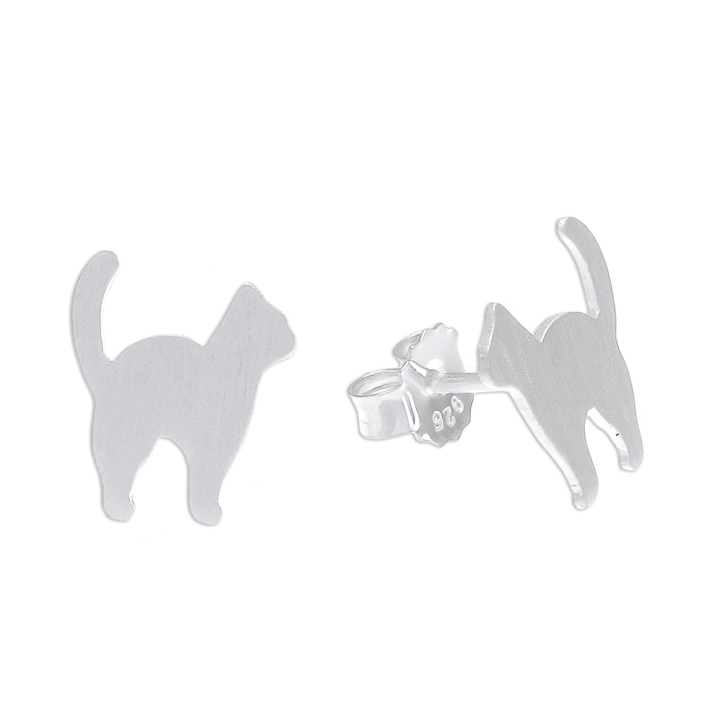 Standing Cat Brushed-Satin Sterling Silver Cat Stud Earrings