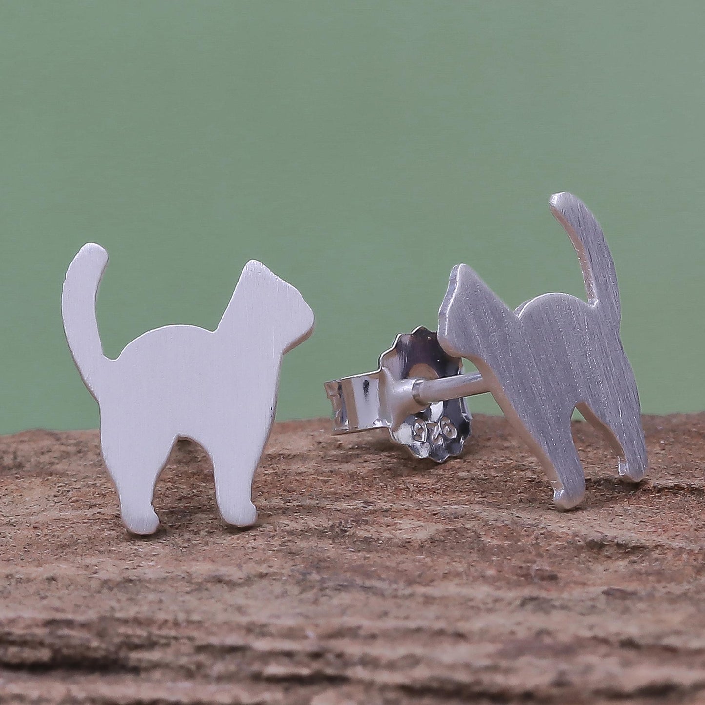 Standing Cat Brushed-Satin Sterling Silver Cat Stud Earrings