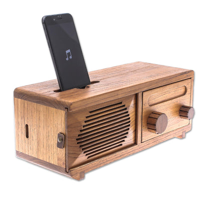 Vintage Radio Teak Wood Phone Speaker Shaped Like a Vintage Radio