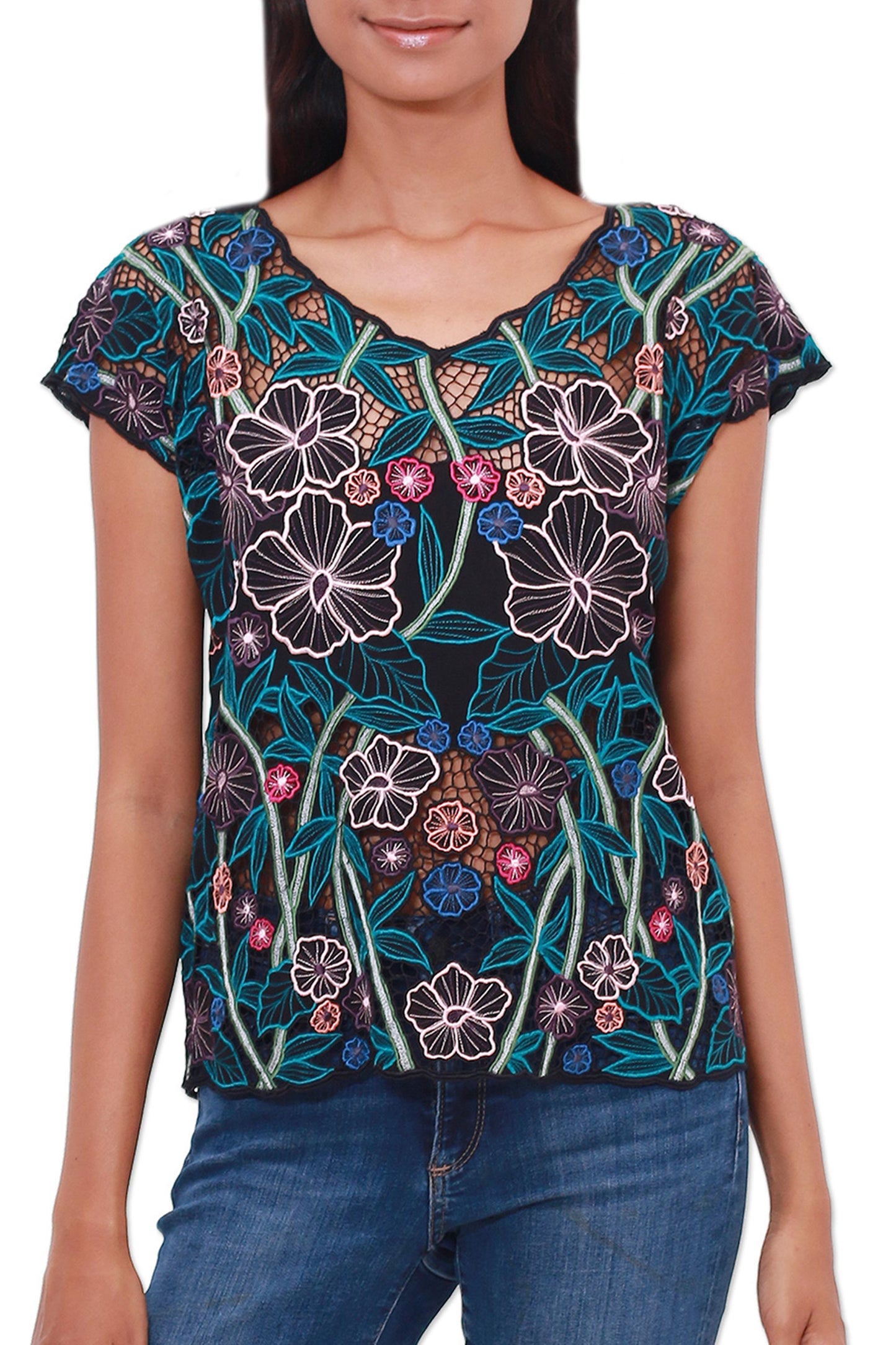 Lovely Garden Floral Embroidered Rayon Blouse from Bali