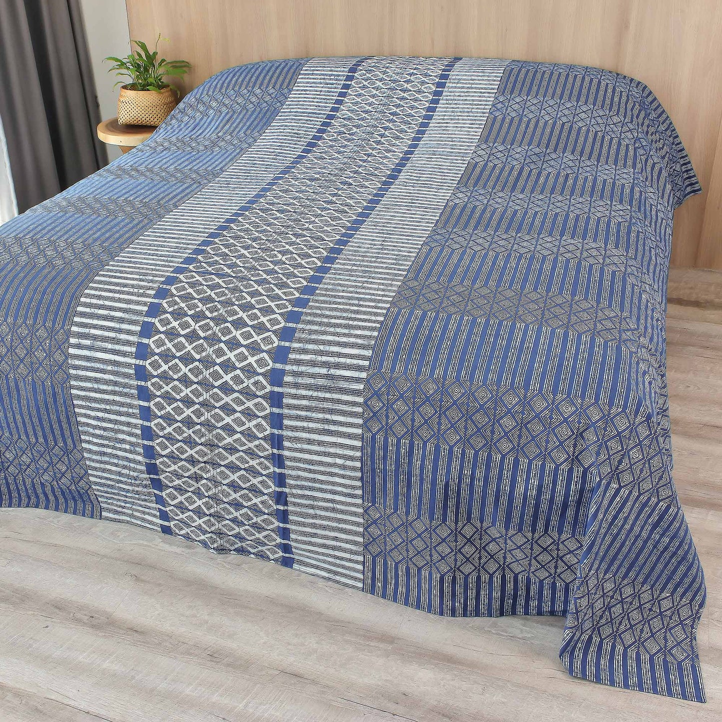 Dramatic Pathways Handcrafted Indigo Geometric Batik Cotton Queen Bedspread