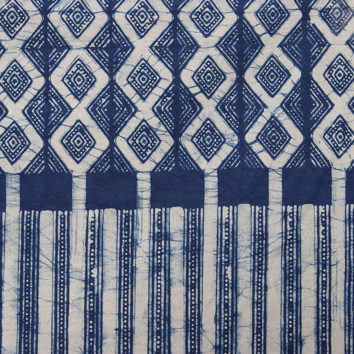 Dramatic Pathways Handcrafted Indigo Geometric Batik Cotton Queen Bedspread