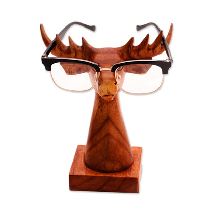 Studious Deer in Natural Deer-Shaped wood Eyeglasses Stand with a Natural Finish