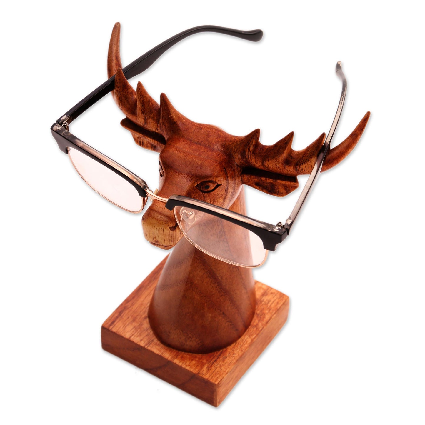 Studious Deer in Natural Deer-Shaped wood Eyeglasses Stand with a Natural Finish