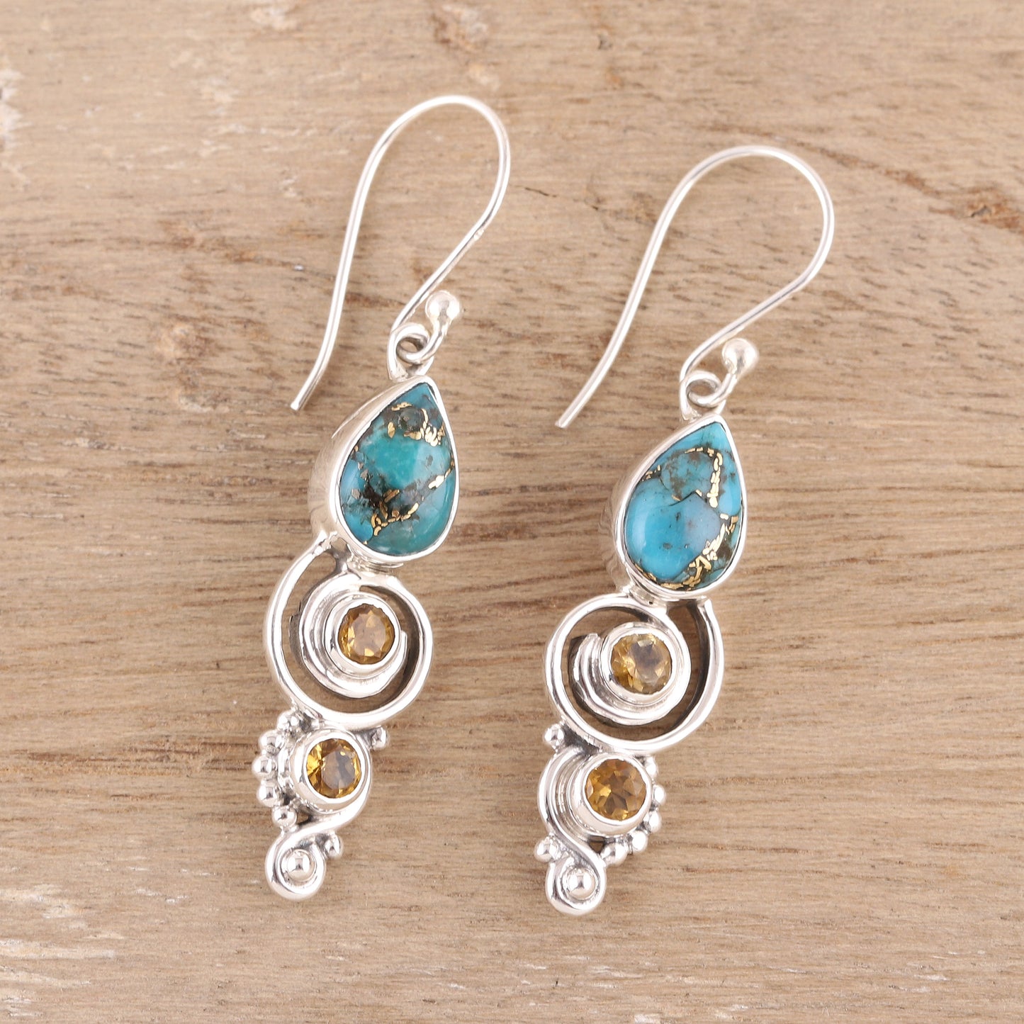 Glistening Curl Citrine and Composite Turquoise Dangle Earrings from India