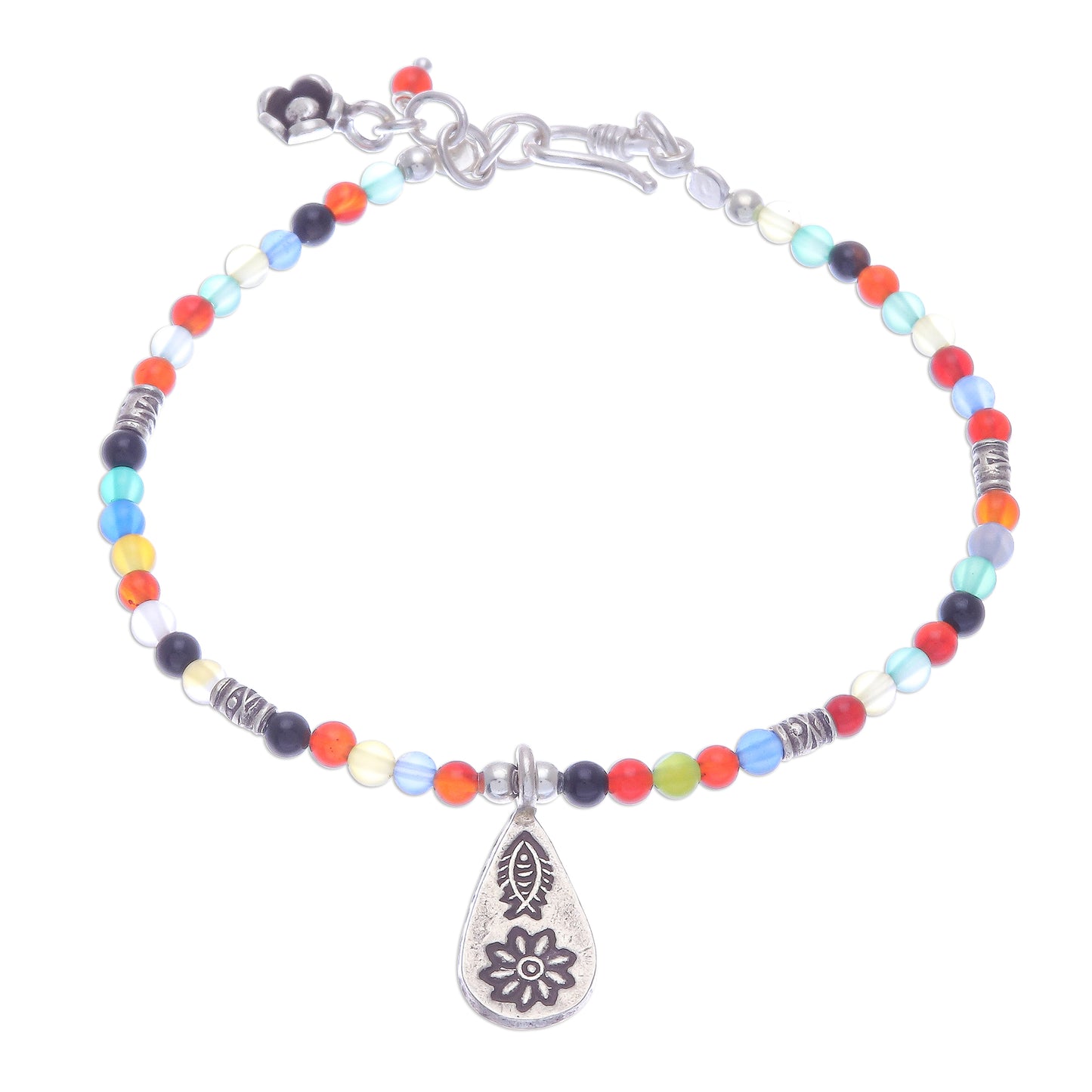 Hill Tribe Rainbow Chalcedony Beaded Bracelet with Karen Silver Charm