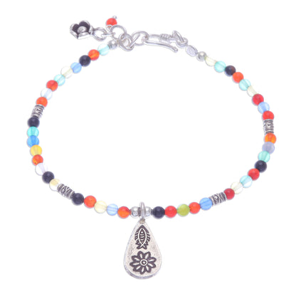 Hill Tribe Rainbow Chalcedony Beaded Bracelet with Karen Silver Charm