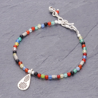 Hill Tribe Rainbow Chalcedony Beaded Bracelet with Karen Silver Charm