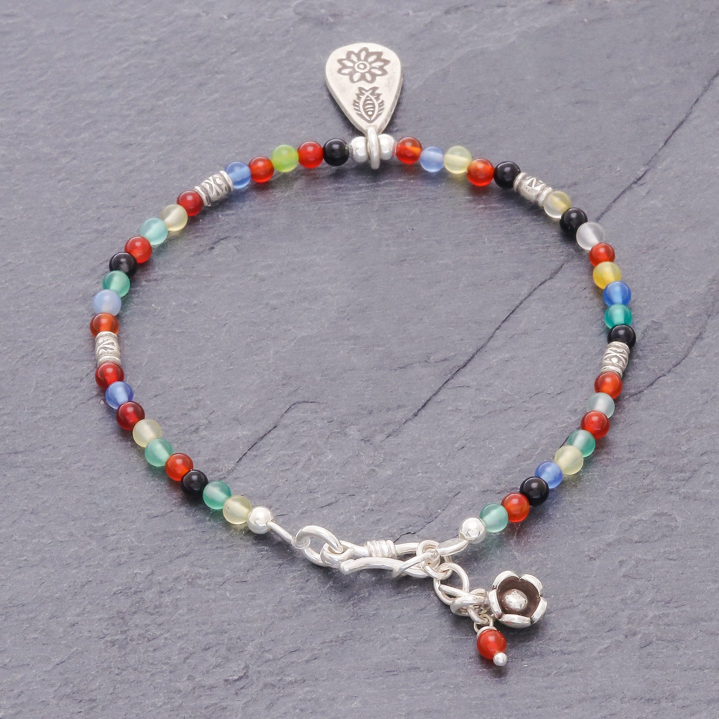 Hill Tribe Rainbow Chalcedony Beaded Bracelet with Karen Silver Charm