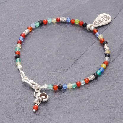 Hill Tribe Rainbow Chalcedony Beaded Bracelet with Karen Silver Charm