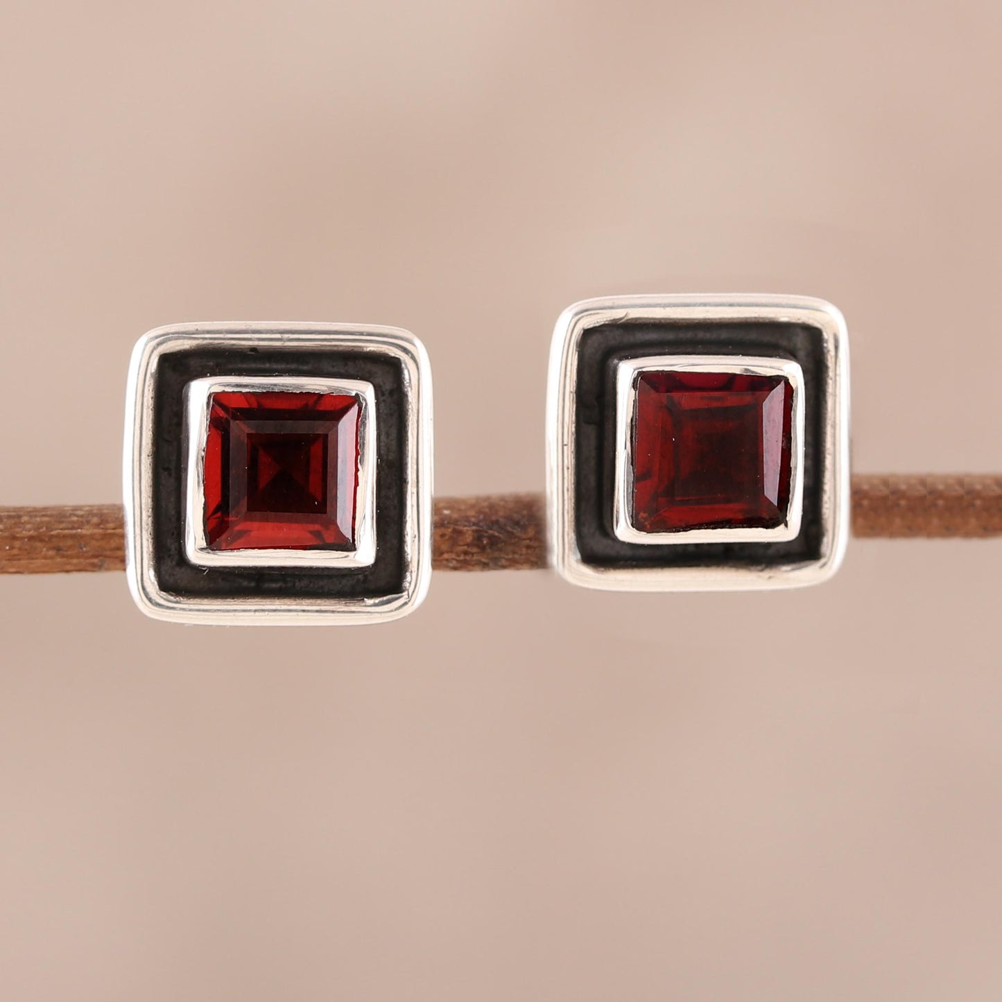 Fire Frame Faceted Garnet Square Stud Earrings from India